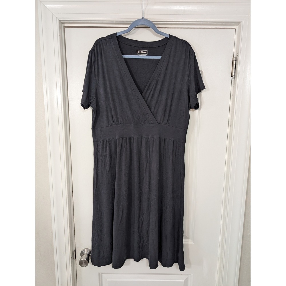 LL Bean Women 1X REG‎ Black Rayon Spandex V Neck Wrap Midi Dress jersey swing